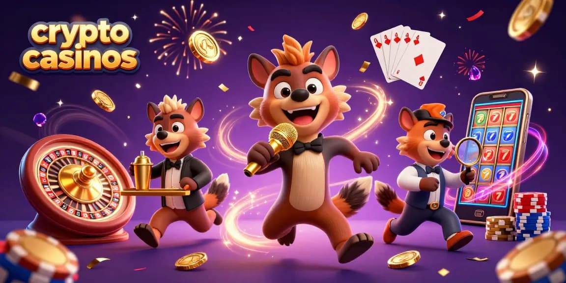 Illustration dynamique des crypto casinos, avec des hyènes en scène de casino et des éléments ludiques.