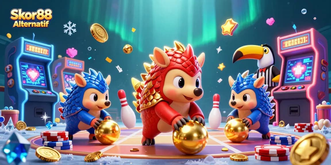 Engage with Skor88 Alternatif in a dynamic casino scene with rival pangolins and vibrant gaming elements.