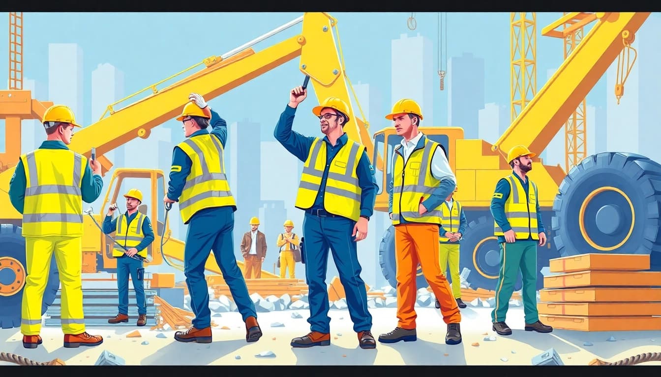 Workers utilizing diadora abbigliamento lavoro outfits on a busy site.