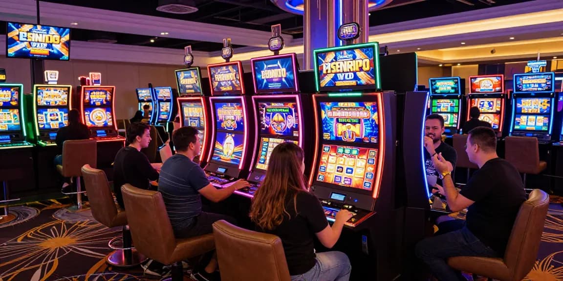 Exciting slot mpo gaming scene with diverse players enjoying vibrant machines in a lively casino.
