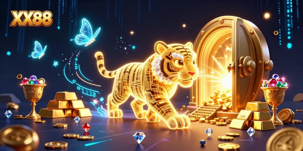 Experience epic gaming action at XX88 with a golden tiger amidst dazzling casino treasures.