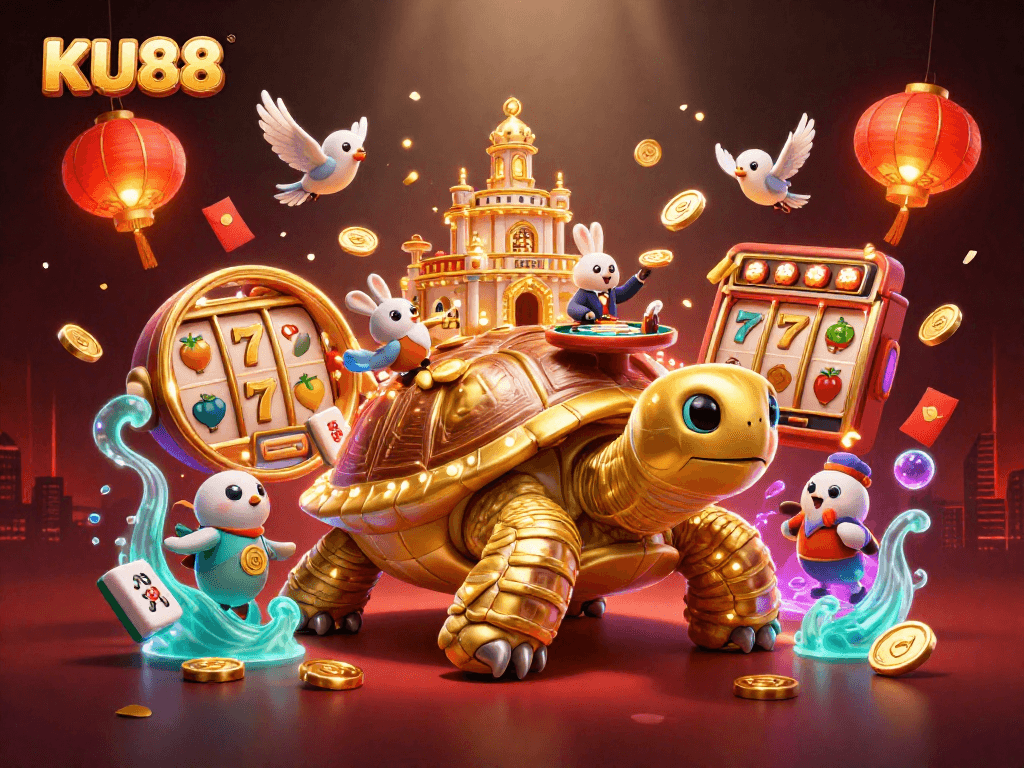 Play at KU88 with a vibrant 3D gaming scene featuring a golden tortoise casino