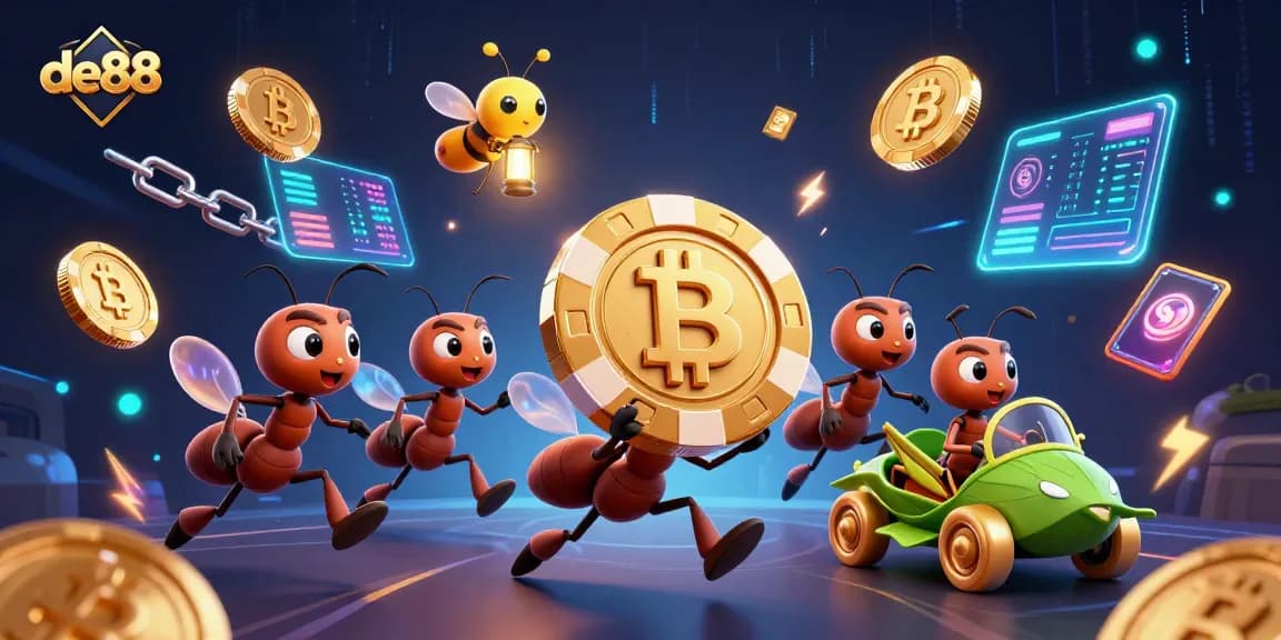 Join the heist at de88 with ants, golden poker chips, and vibrant crypto elements!