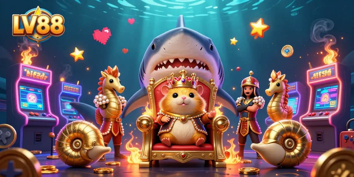 Experience thrilling winnings with LV88, featuring a golden hamster king in an underwater casino adventure.