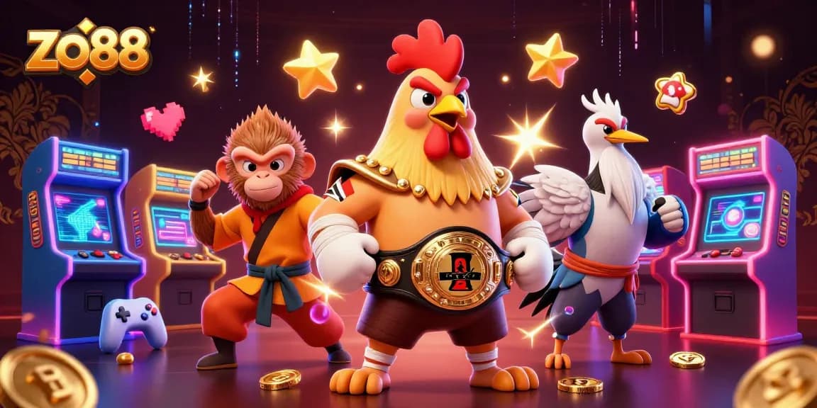 Engage with thrilling casino action at zo88, featuring dynamic characters in a vibrant 3D illustration.