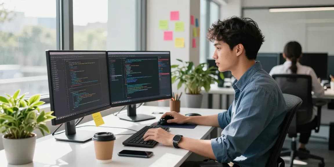 Young developer coding in a modern office to learn more about software development practices.