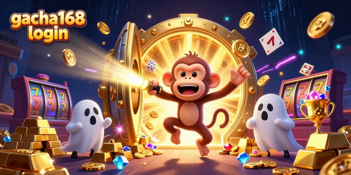 Engage in fun with gacha168 login as a poltergeist monkey and ghost-hunter puppy in a vibrant casino scene.