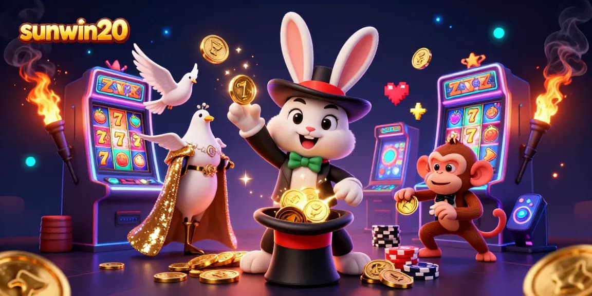 Win big with sunwin20 as the magician rabbit conjures coins amidst vibrant slots.