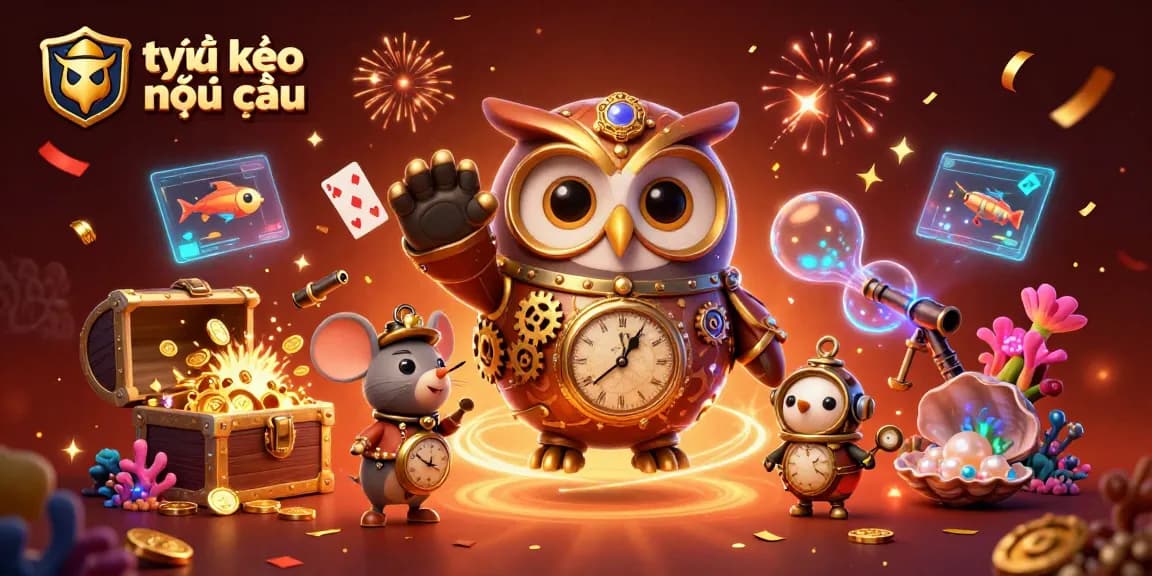 Engaging dynamic scene illustrating tỷ lệ kèo nhà cái with a time-traveling owl and casino elements.