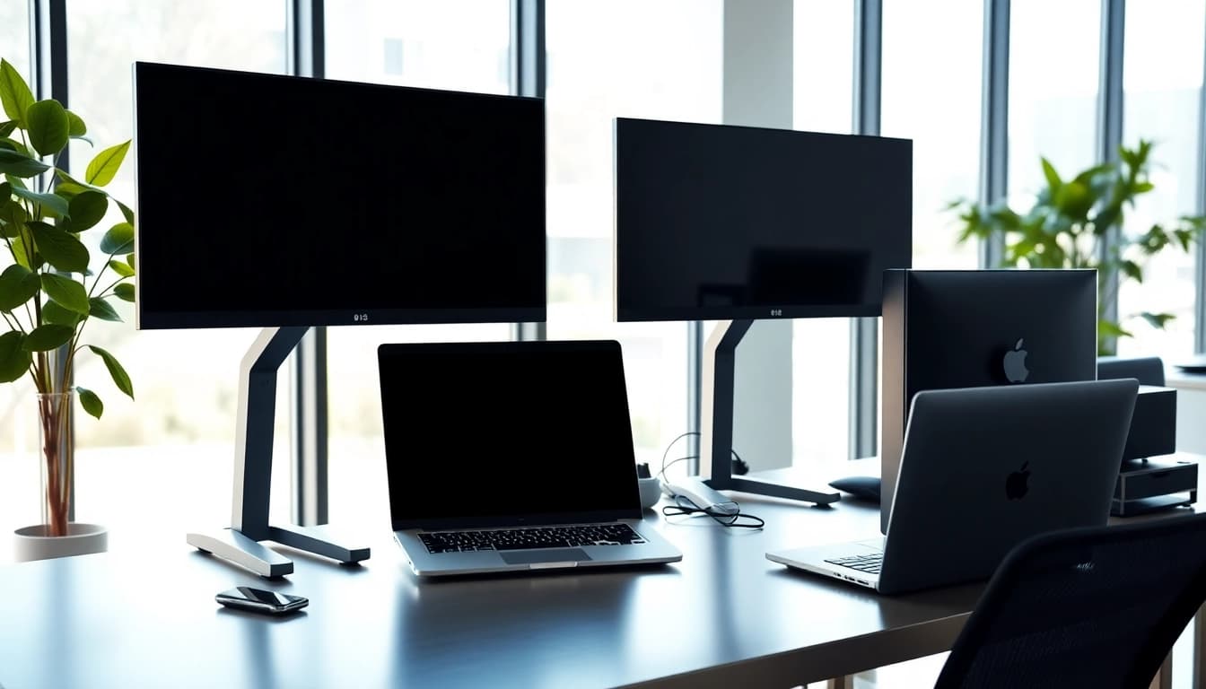 Υπολογιστής pc σε σύγχρονο γραφείο με φωτεινή διάταξη και διπλές οθόνες.
