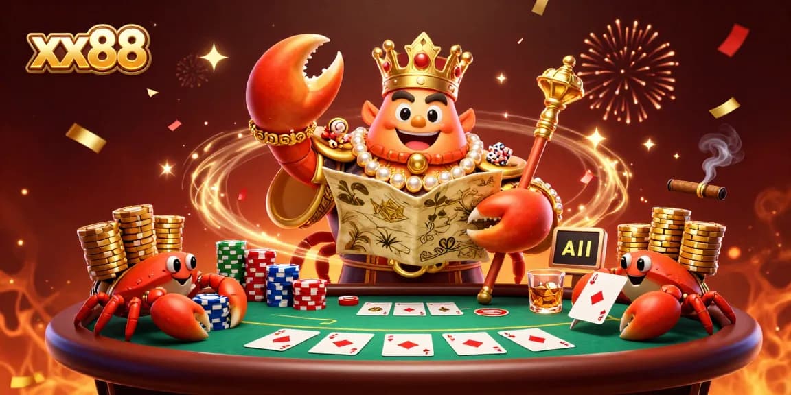 Win big at xx88 with a golden crab emperor guiding players through thrilling poker games.