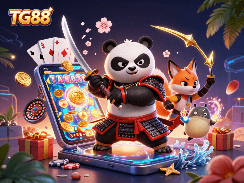 Engage with TG88's vibrant casino world as a panda samurai and fox ninja feature in thrilling action.