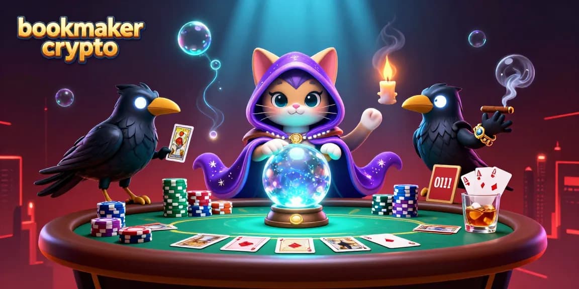 Les joueurs parient avec des cryptomonnaies sur des bookmakers crypto, entourés de jetons et de cartes de poker.