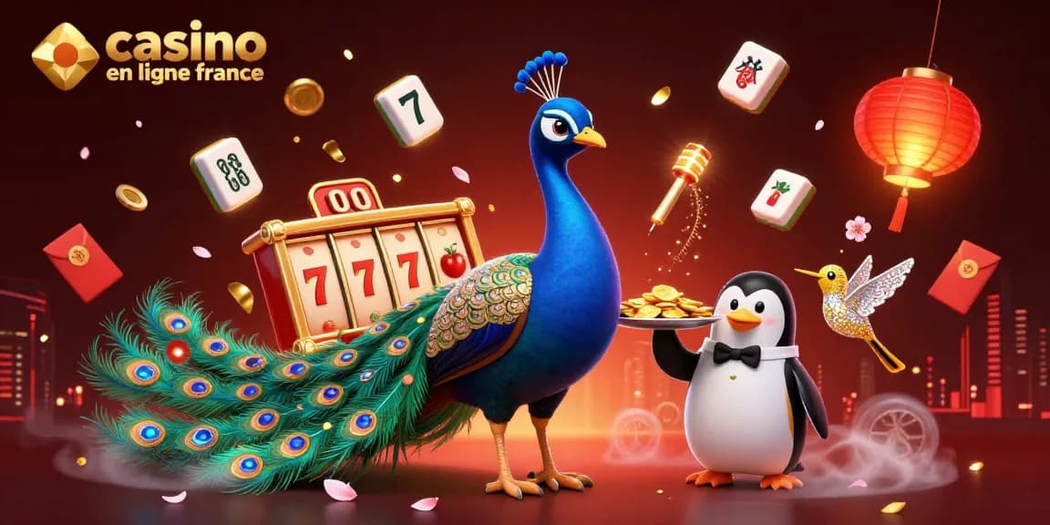 Une scène animée de casino en ligne France avec un paon aristocratique, un pingouin serveur et un colibri, entourés de jeux de machines à sous et d'objets porte-bonheur.