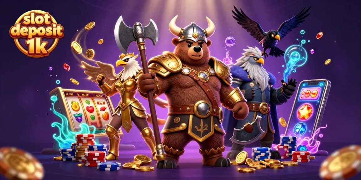 Gambarkan slot deposit 1k dengan berbagai elemen permainan menarik dan karakter kartun yang dinamis.