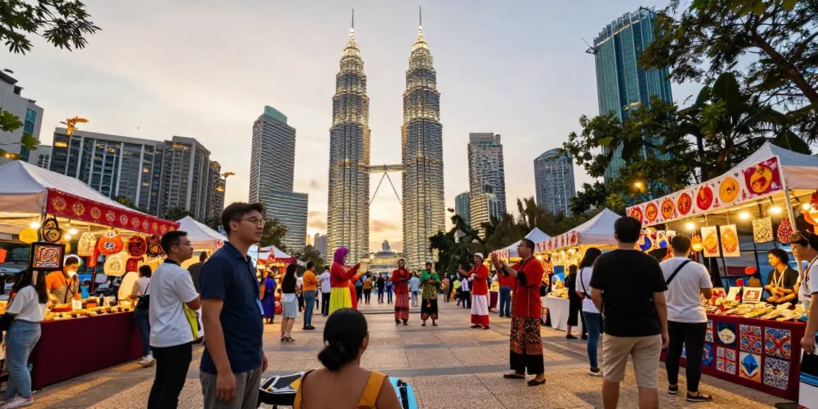 Merdeka 118 attractions during vibrant cultural festival with friends enjoying local cuisine and performances, iconic tower in background.