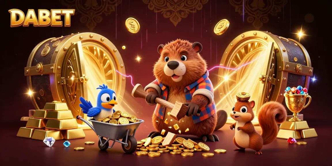 DABET highlights a vibrant 3D beaver scene filled with coins, gems, and casino treasures, showcasing winning potential.