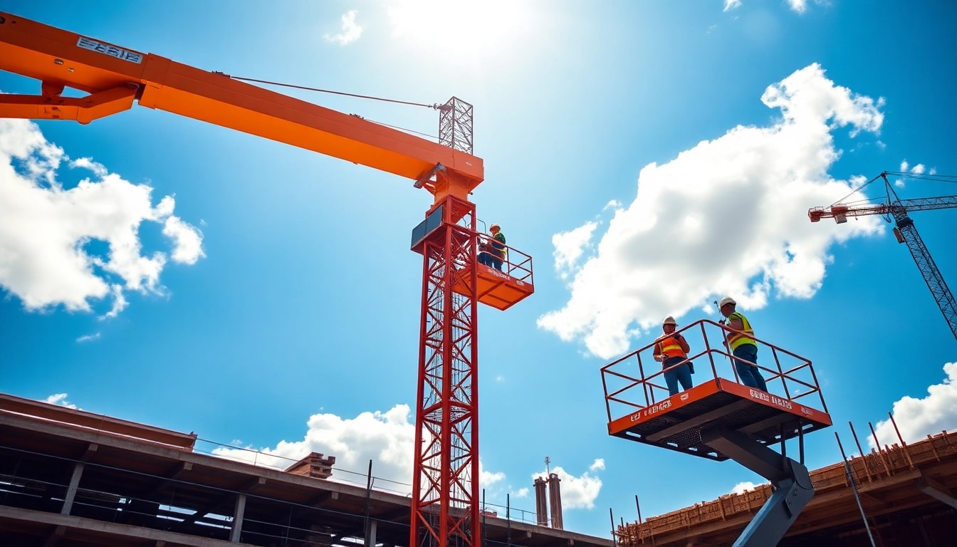 Operate a genie boom effectively at a bright construction site with skilled workers.