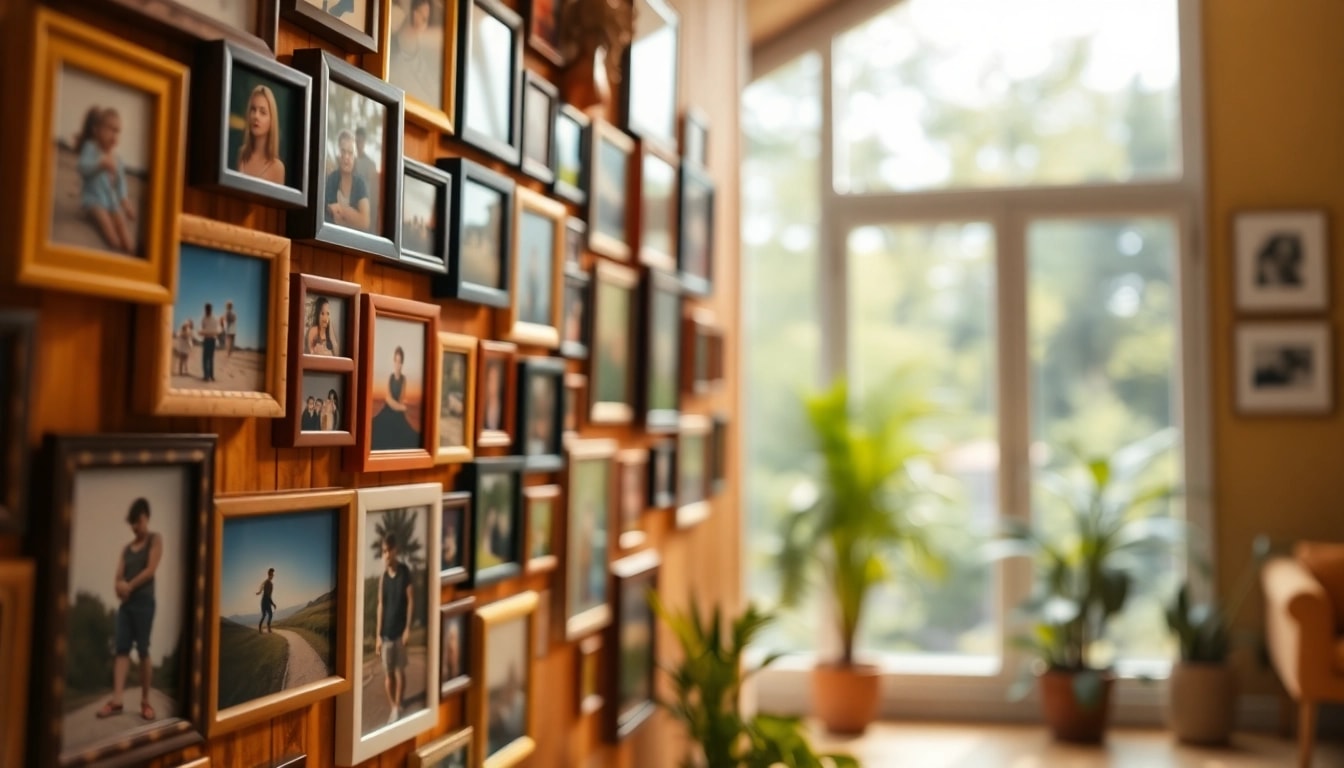 View a creative photo wall filled with colorful framed memories and art pieces.