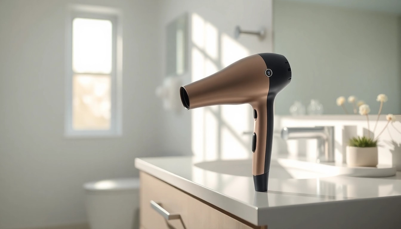 Showcase the Laifen website with a modern hair dryer in a serene bathroom setting.