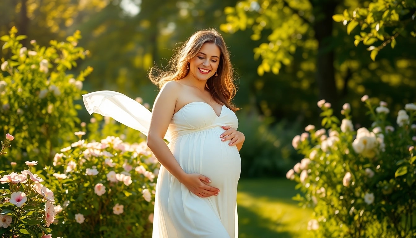 Mother poses for maternity photos Woodstock in a sunlit park, surrounded by vibrant blooms.
