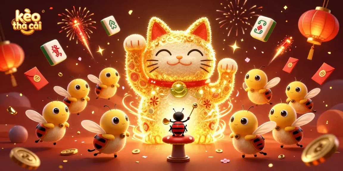 Catch exciting kèo nhà cái with a stunning 3D scene featuring a lucky cat and casino symbols.