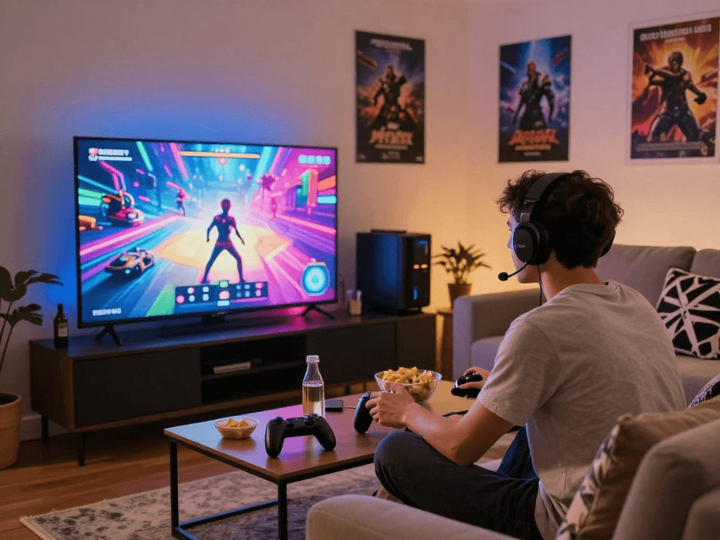 Playing a porn game in a vibrant gaming room with LED lights and snacks.
