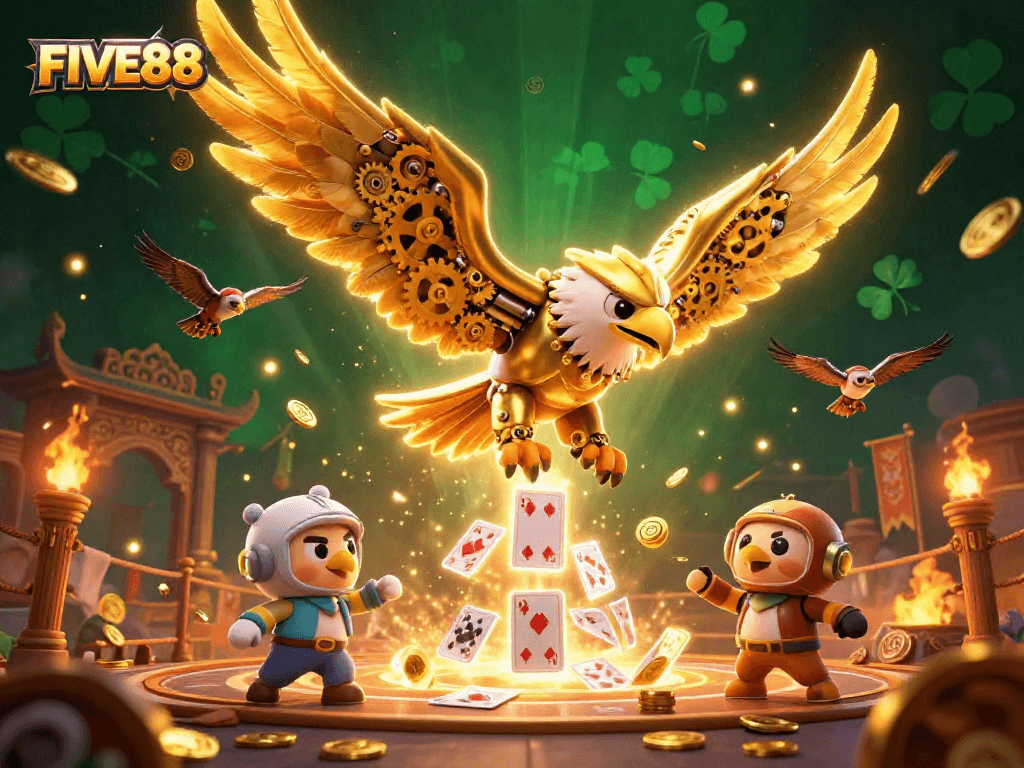 Engage with FIVE88 in an electrifying casino scene featuring a golden eagle and holographic cards.