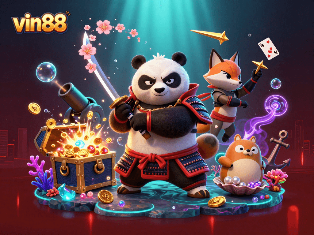 Spin to win with vin88 as the samurai panda battles for treasure in a vibrant casino scene.