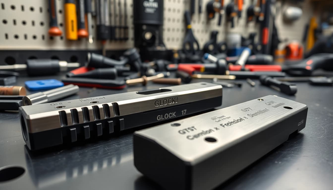 Showcasing glock 17 slides with intricate detail highlighting precision and quality.