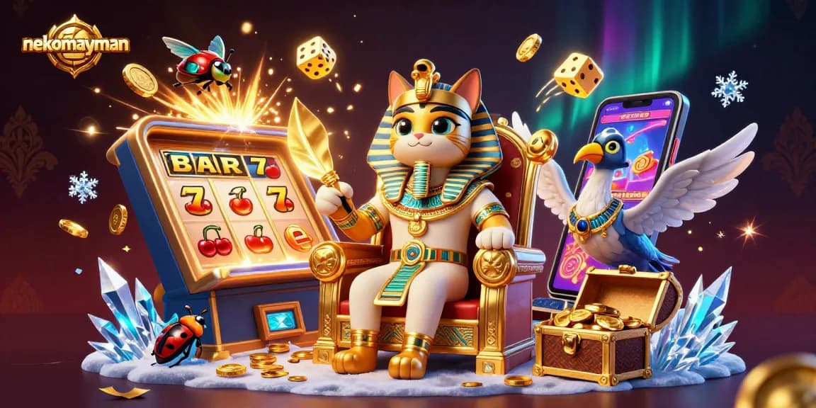 Experience the thrilling nekomayman slot machine with an Egyptian pharaoh cat in a vibrant casino scene.