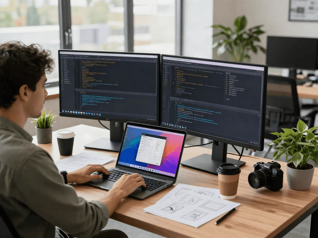 Developer focused on coding with gb whatsapp apk on dual monitors in a bright office.