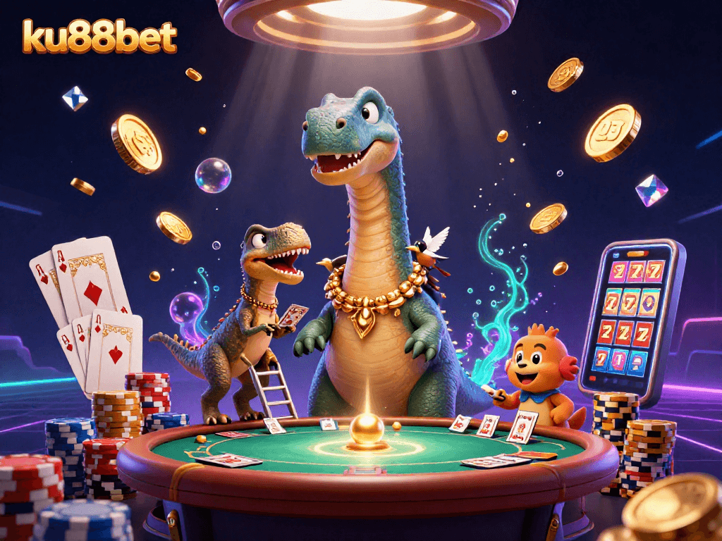 Experience the thrills of ku88bet with a lively casino scene featuring dynamic characters and gleaming game elements.