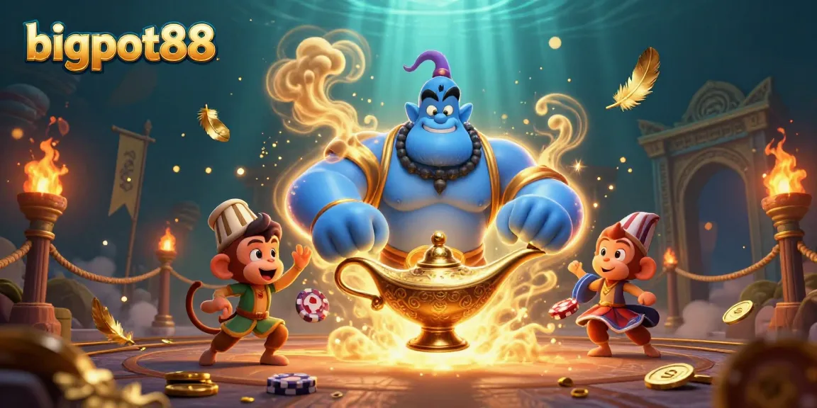 Spin and win at bigpot88 with a vibrant 3D casino scene featuring a genie and poker chips.