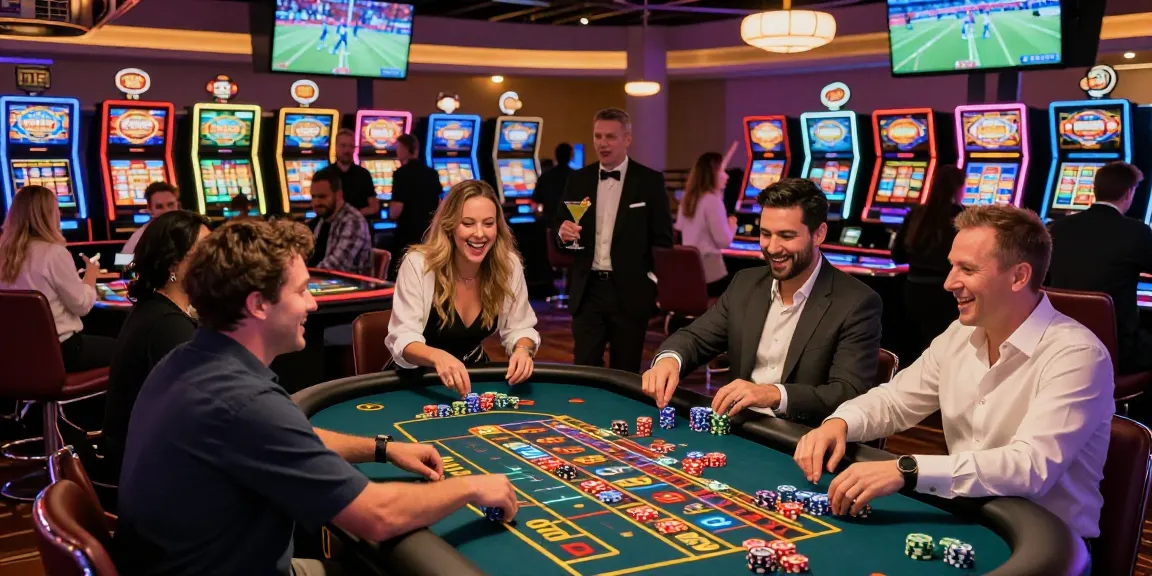 M98 ล๊อตเว็บตรง 2026 at an engaging casino scene with players excitedly betting on roulette under vibrant lights.