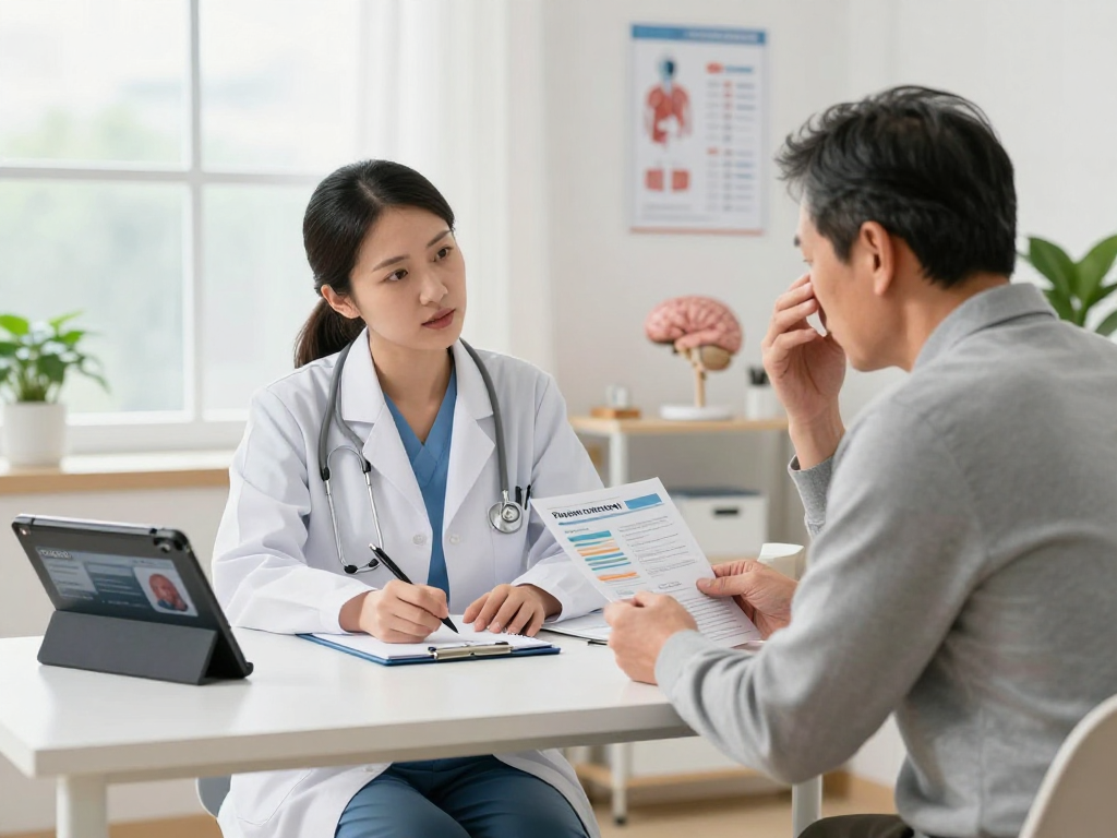 The migraine specialist consulting with a patient in a modern healthcare setting, highlighting compassionate care and professional expertise.