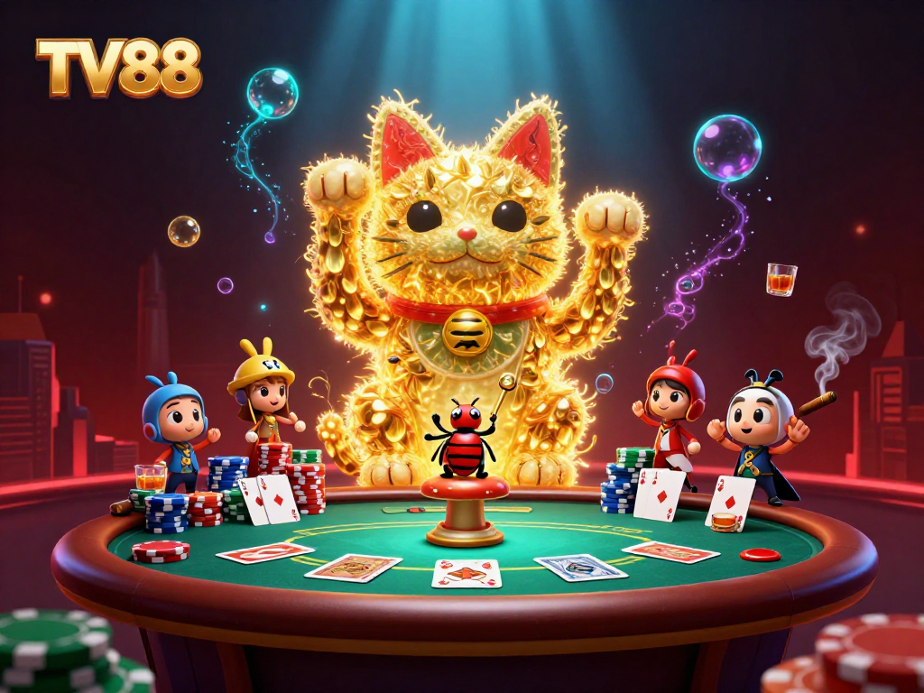 Engage in the vibrant world of TV88, featuring a lucky cat and dynamic casino elements.
