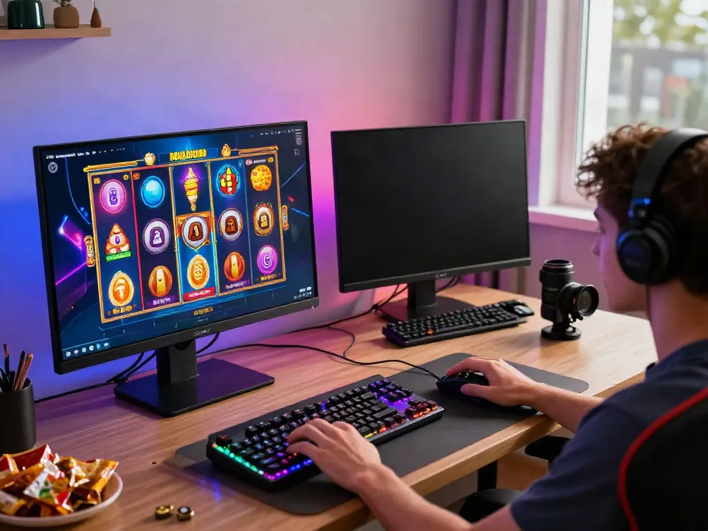 Player engaging with PG SOFT slot games in a vibrant online gaming setup showcasing slot server thailand.