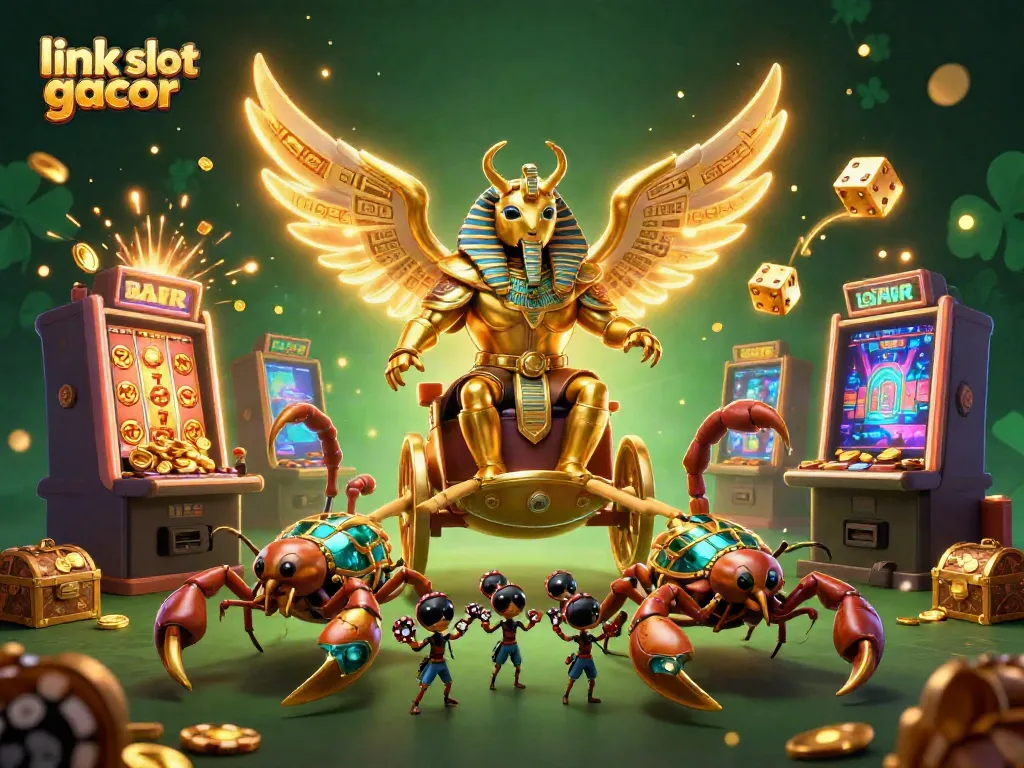 Experience excitement with link slot gacor, showcasing a 3D pharaoh beetle and slot game elements.