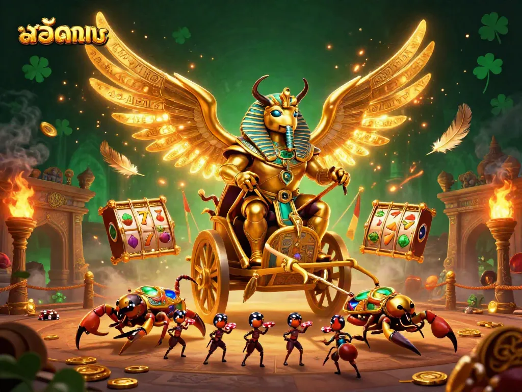 Engage in thrilling gameplay with สล็อตทดลอง featuring dynamic golden scarab and scorpions.