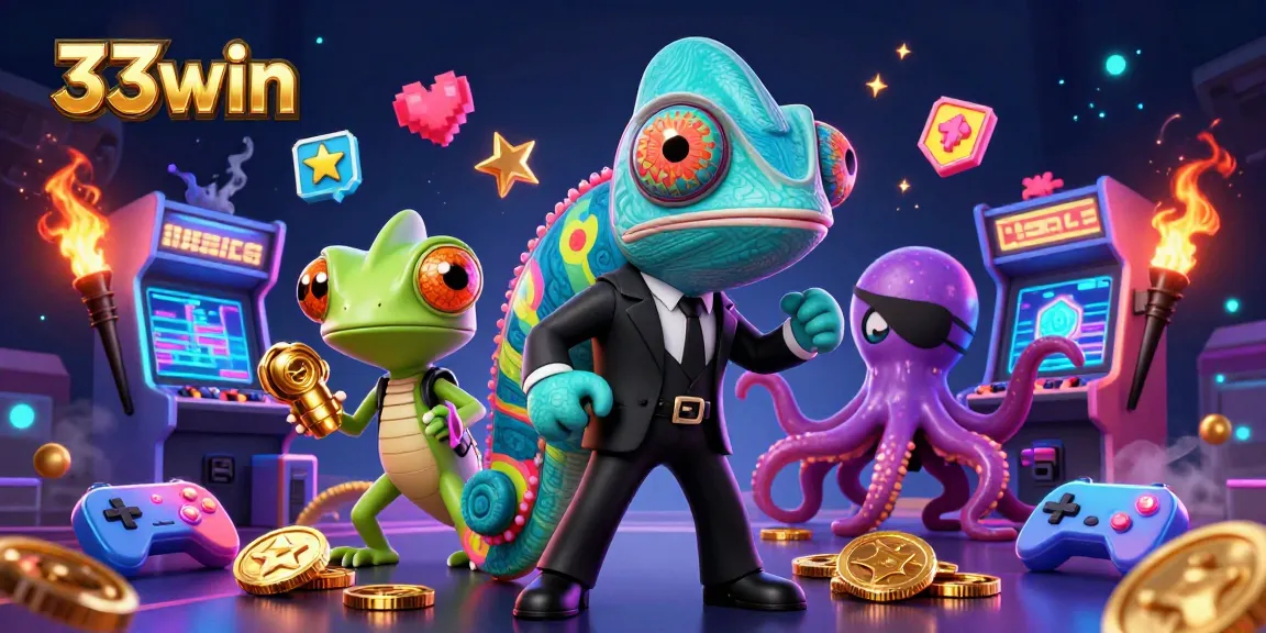 Experience 33win's vibrant world as a colorful cartoon casino adventure unfolds with engaging game elements.