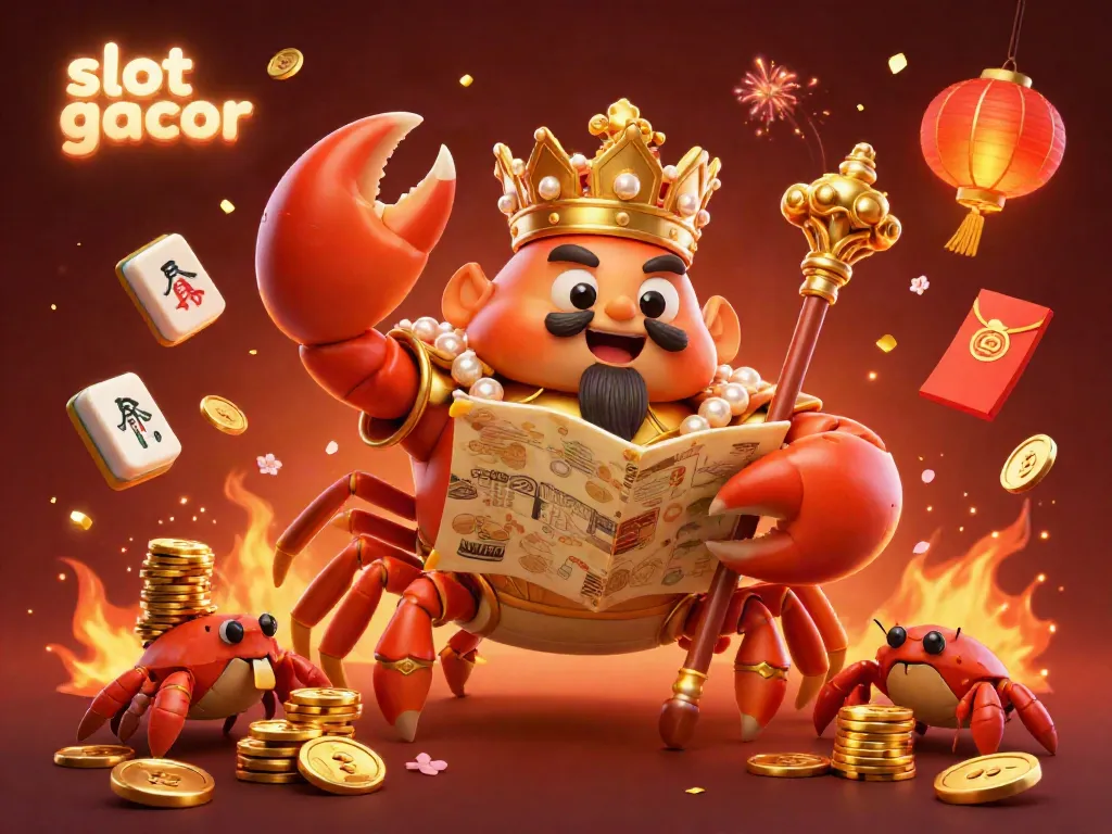 Experience the thrilling world of slot gacor with a dynamic scene featuring a golden crab emperor surrounded by riches and festive decor.