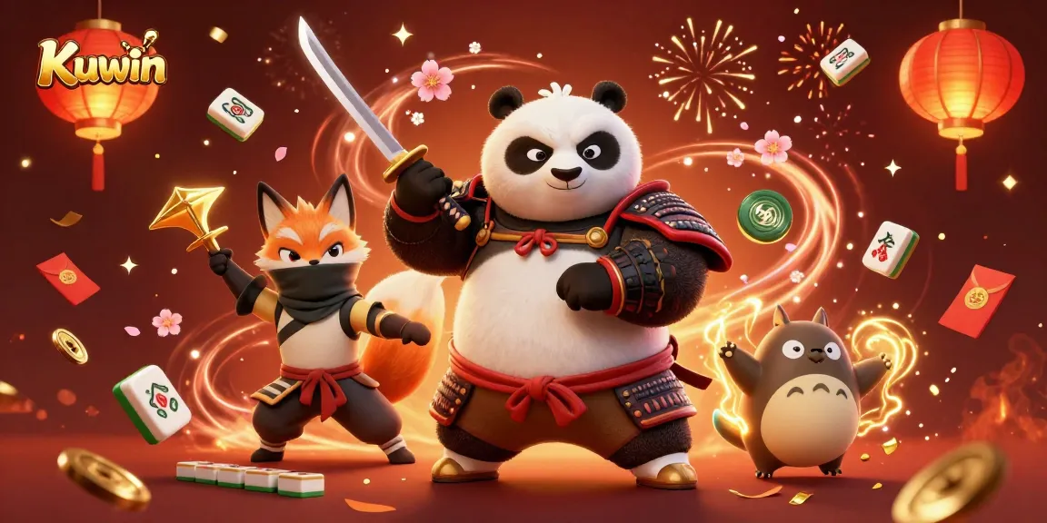 Kuwin showcases a lively scene with a samurai panda and ninja fox amid celebratory gambling elements.
