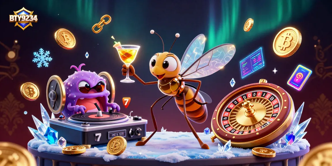 BTY9234 animated mascot with a golden cocktail amid slot reels and coins