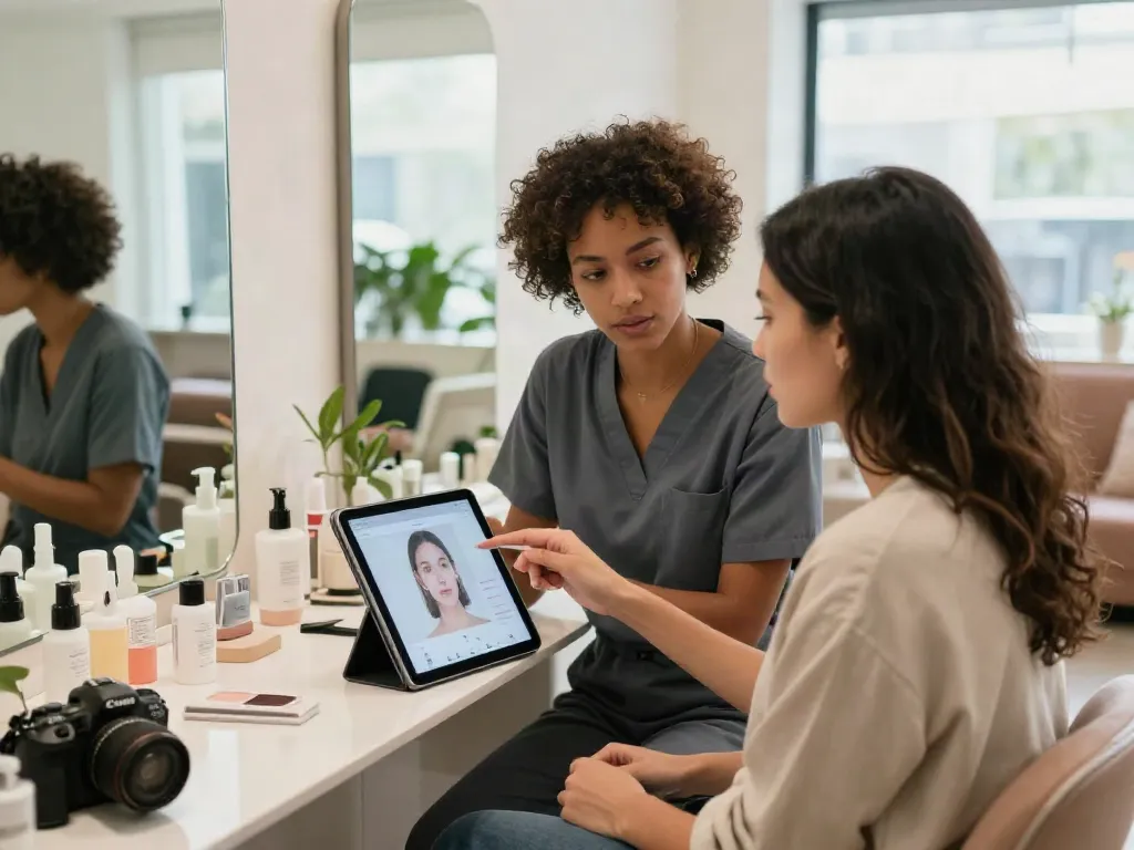Engaging consultation scene for Alternatives to QOVES, showcasing beauty analysis.