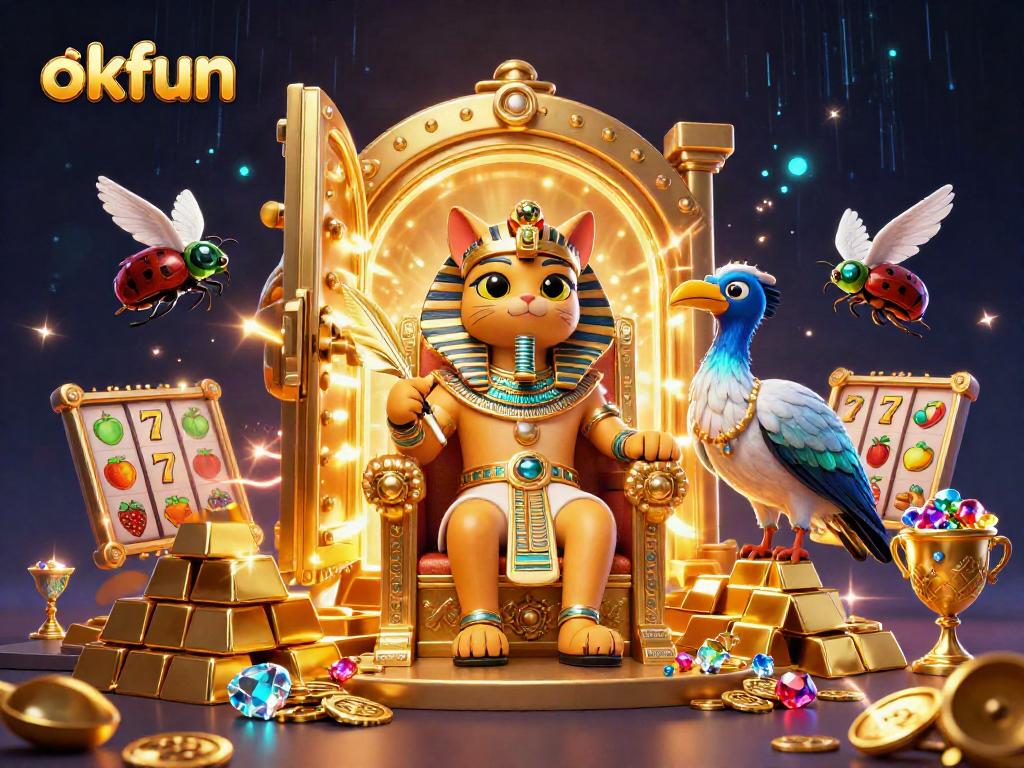 Play thrilling slots for big wins with okfun's captivating castle scene featuring treasure and gems.