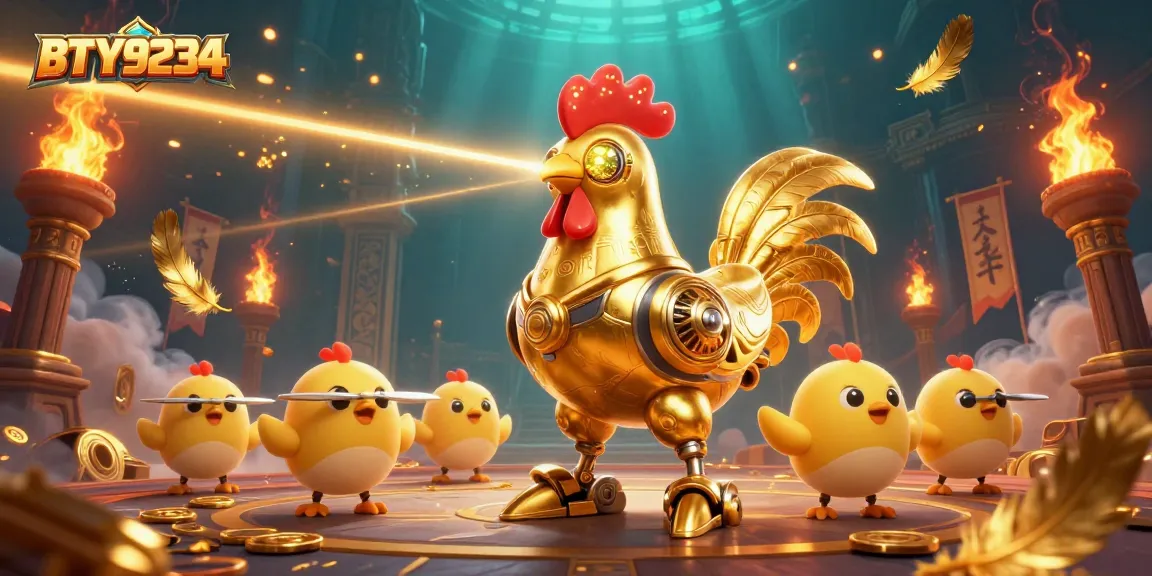 Engage with BTY9234 in an action-packed casino arena featuring vibrant robotic characters and thrilling elements.
