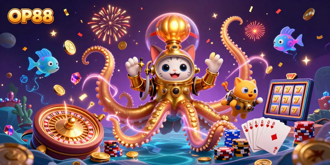 Experience OP88's gaming magic with a colossal kraken, diving cat, and vibrant casino elements.