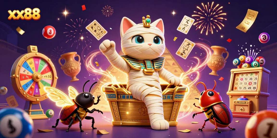 Experience the thrilling world of xx88 with vibrant casino elements, featuring a mummy cat and scarab in a magical scene.