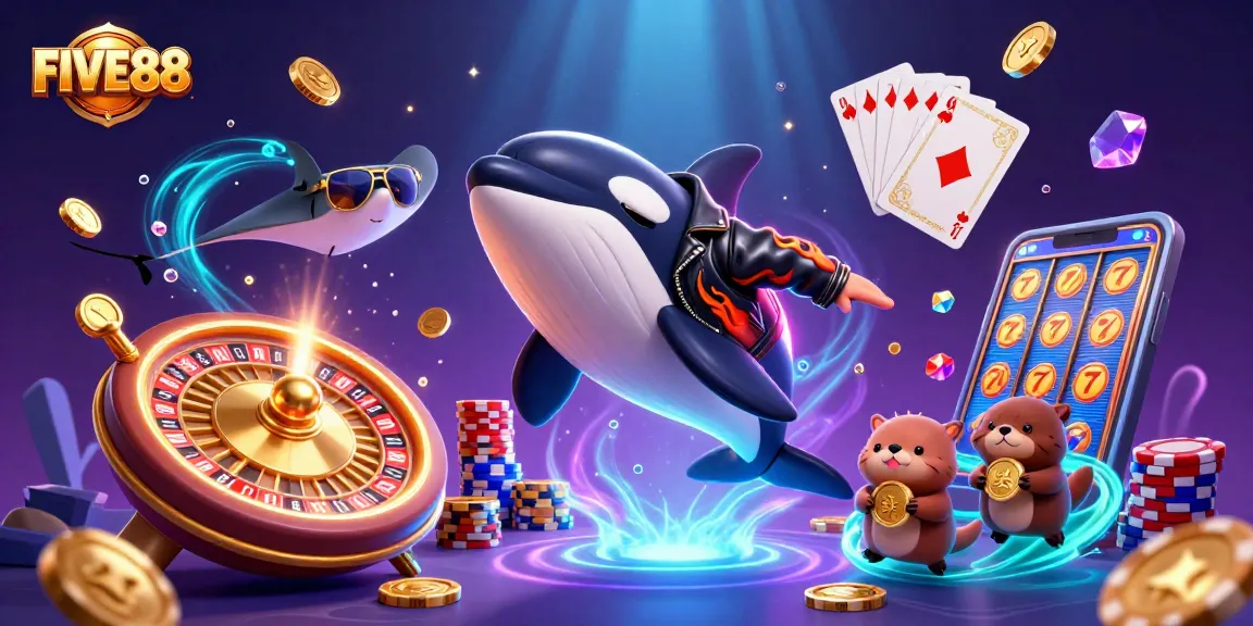 Experience thrilling wins with FIVE88 as the orca leaps through a vibrant casino scene!